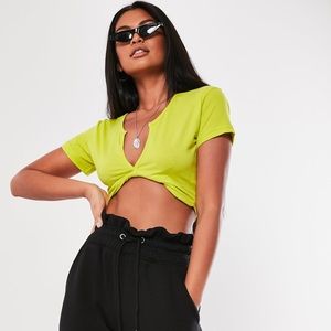 Missguided Neon Lime Short Sleeve V Neck Crop Top